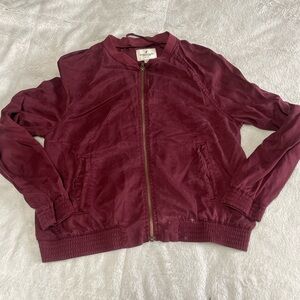 American Eagle Womens Jacket Chambray Full Zip Pockets Burgundy M